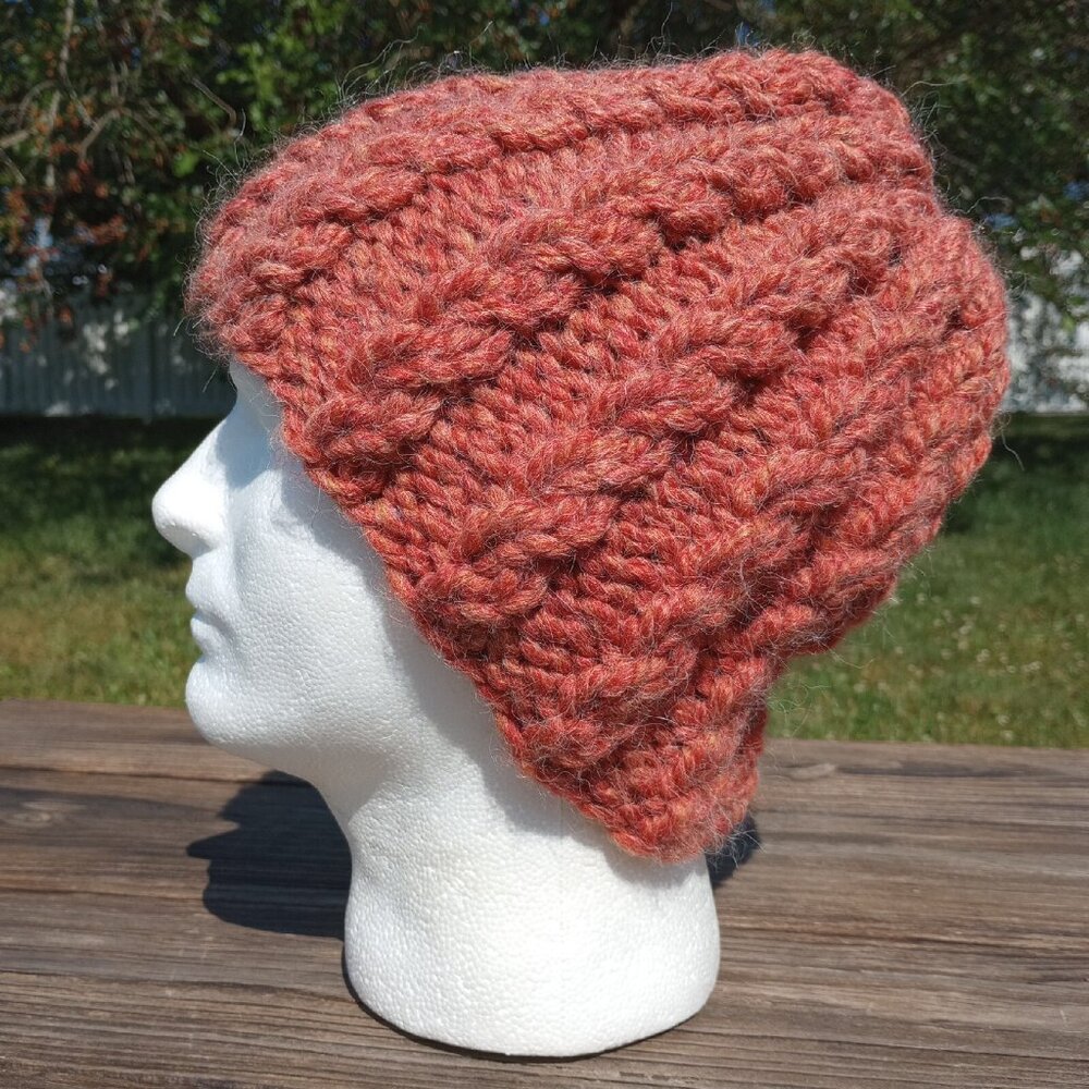 Alpaca Beanie Skully Hat Men Thick Chunky Hand Knit Wool Rib Orange Spice XL - Picture 2 of 9